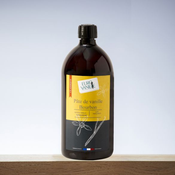Photo packshot de bouteille de pâte de Vanille  Bourbon avec grains sans alcool