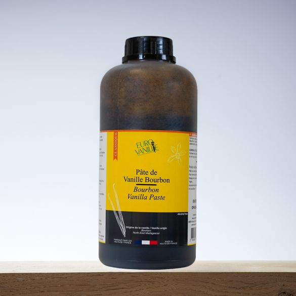 Pâte de vanille Bourbon avec grains, sans alcool Eurovanille, 1 kg (réf. 13046M), étiquette de face visible. © Eurovanille 2026 – Source : www.eurovanille-vanifolia.com