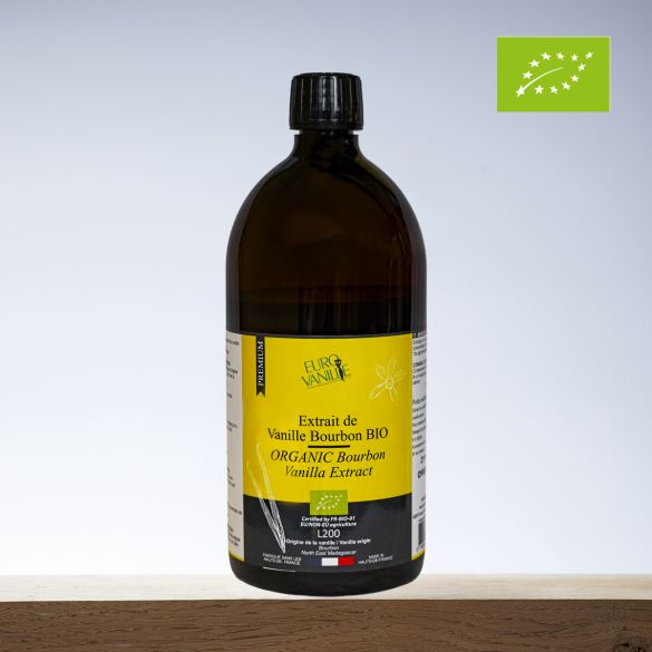 Extrait de Vanille Bourbon Bio L200 – Sans Grains Eurovanille, 1 kg (réf. 13044M), étiquette de face visible. © Eurovanille 2026 – Source : www.eurovanille-vanifolia.com