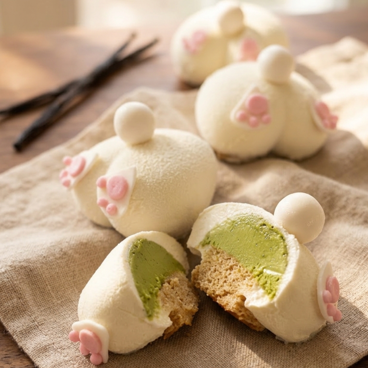 Entremets vanille, cœur coco matcha chocolat blanc